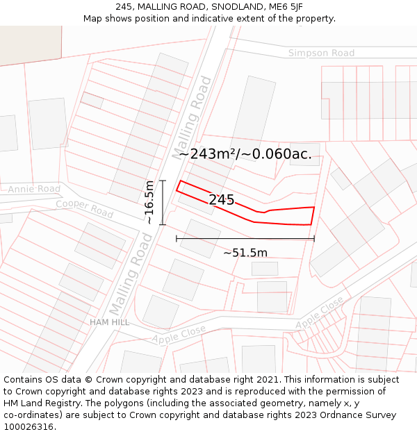 245, MALLING ROAD, SNODLAND, ME6 5JF: Plot and title map