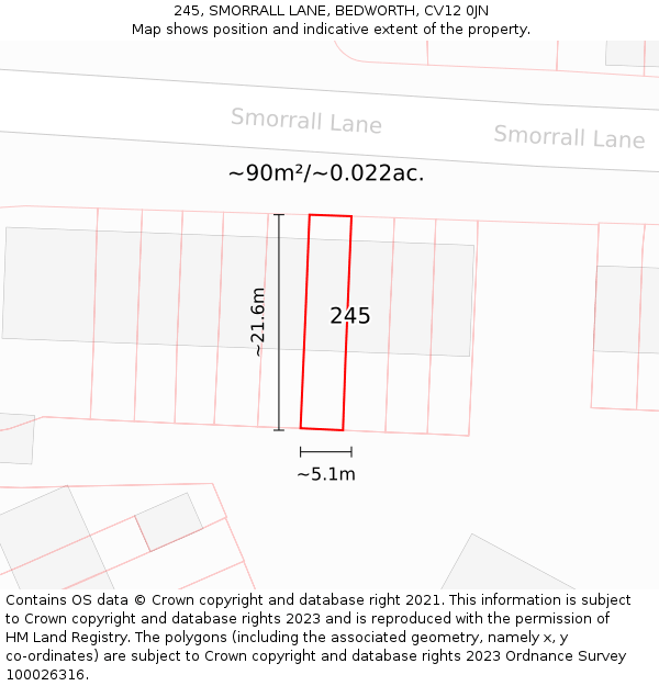 245, SMORRALL LANE, BEDWORTH, CV12 0JN: Plot and title map