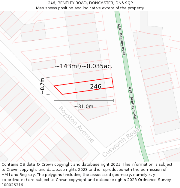 246, BENTLEY ROAD, DONCASTER, DN5 9QP: Plot and title map