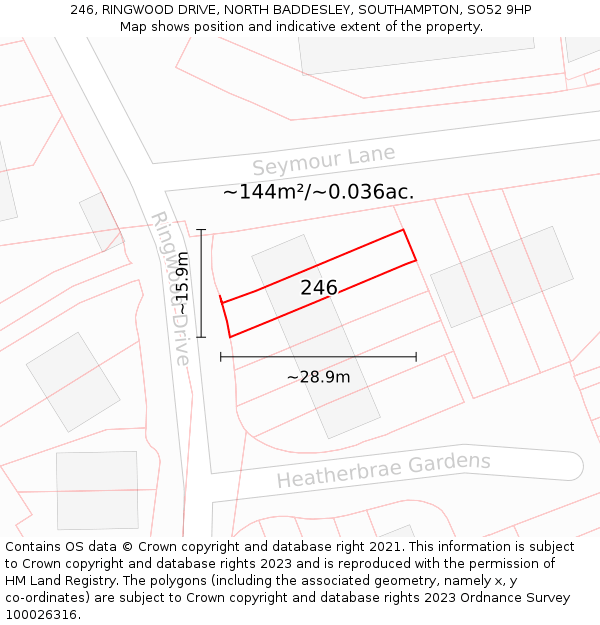 246, RINGWOOD DRIVE, NORTH BADDESLEY, SOUTHAMPTON, SO52 9HP: Plot and title map