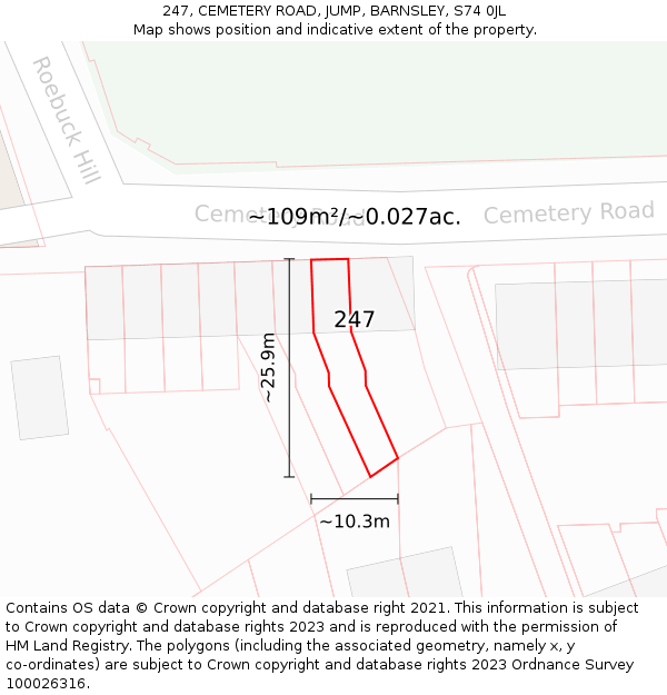 247, CEMETERY ROAD, JUMP, BARNSLEY, S74 0JL: Plot and title map