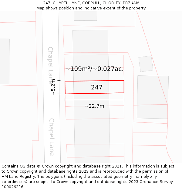 247, CHAPEL LANE, COPPULL, CHORLEY, PR7 4NA: Plot and title map