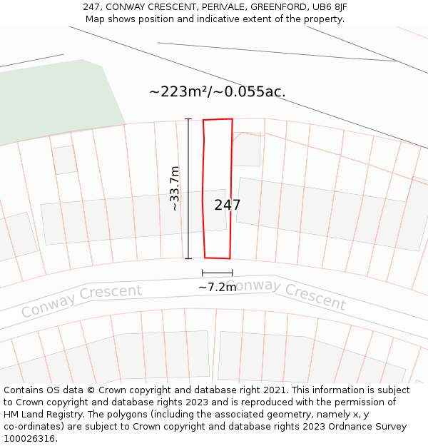 247, CONWAY CRESCENT, PERIVALE, GREENFORD, UB6 8JF: Plot and title map