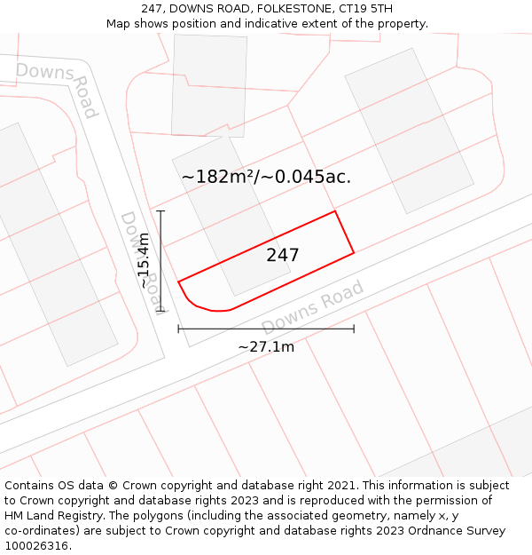 247, DOWNS ROAD, FOLKESTONE, CT19 5TH: Plot and title map