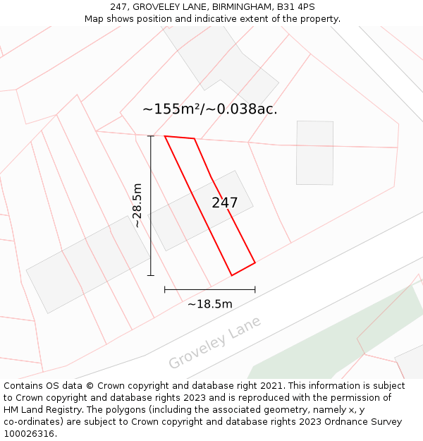 247, GROVELEY LANE, BIRMINGHAM, B31 4PS: Plot and title map