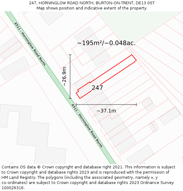 247, HORNINGLOW ROAD NORTH, BURTON-ON-TRENT, DE13 0ST: Plot and title map