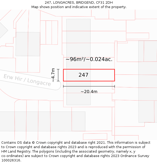 247, LONGACRES, BRIDGEND, CF31 2DH: Plot and title map
