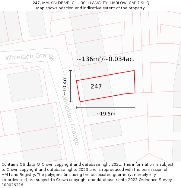 247, MALKIN DRIVE, CHURCH LANGLEY, HARLOW, CM17 9HQ: Plot and title map