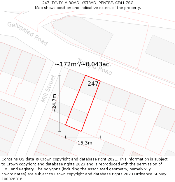 247, TYNTYLA ROAD, YSTRAD, PENTRE, CF41 7SG: Plot and title map