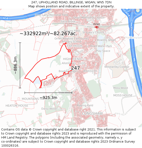 247, UPHOLLAND ROAD, BILLINGE, WIGAN, WN5 7DN: Plot and title map