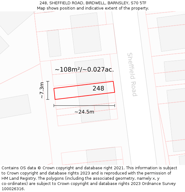 248, SHEFFIELD ROAD, BIRDWELL, BARNSLEY, S70 5TF: Plot and title map