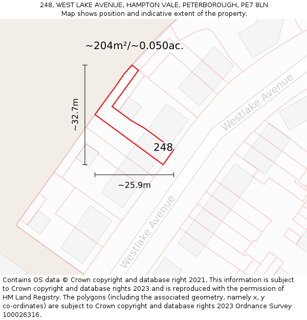 248, WEST LAKE AVENUE, HAMPTON VALE, PETERBOROUGH, PE7 8LN: Plot and title map