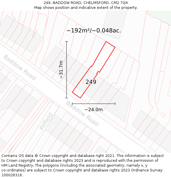249, BADDOW ROAD, CHELMSFORD, CM2 7QA: Plot and title map