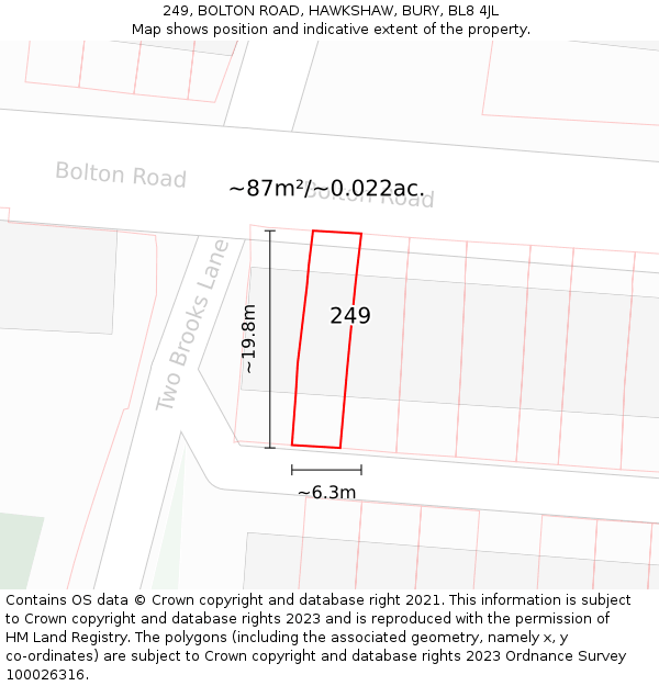 249, BOLTON ROAD, HAWKSHAW, BURY, BL8 4JL: Plot and title map