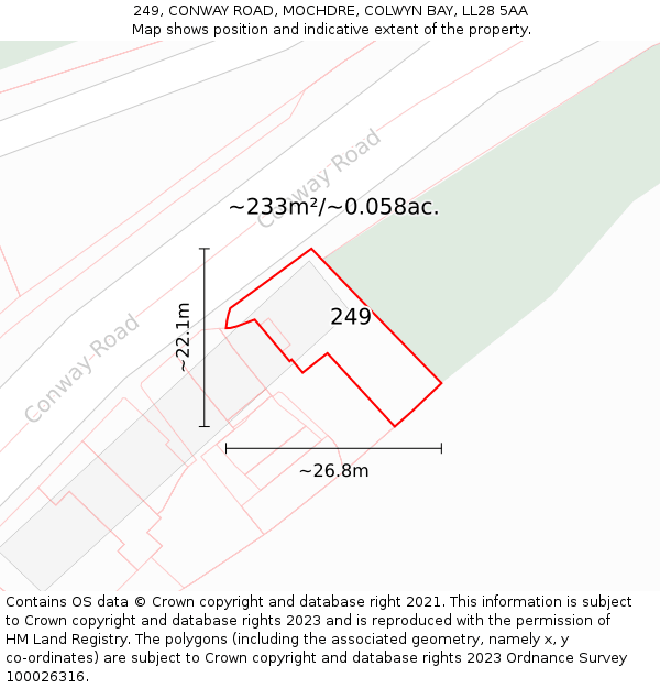 249, CONWAY ROAD, MOCHDRE, COLWYN BAY, LL28 5AA: Plot and title map