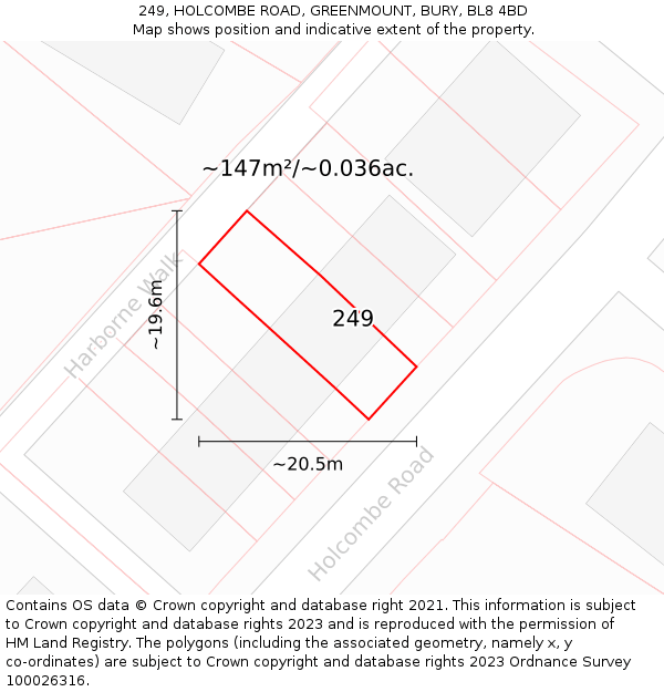 249, HOLCOMBE ROAD, GREENMOUNT, BURY, BL8 4BD: Plot and title map