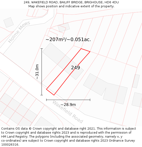 249, WAKEFIELD ROAD, BAILIFF BRIDGE, BRIGHOUSE, HD6 4DU: Plot and title map