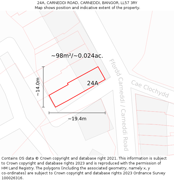 24A, CARNEDDI ROAD, CARNEDDI, BANGOR, LL57 3RY: Plot and title map