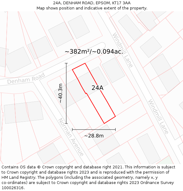 24A, DENHAM ROAD, EPSOM, KT17 3AA: Plot and title map