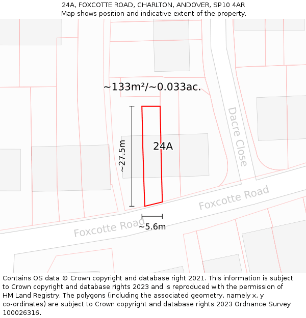24A, FOXCOTTE ROAD, CHARLTON, ANDOVER, SP10 4AR: Plot and title map