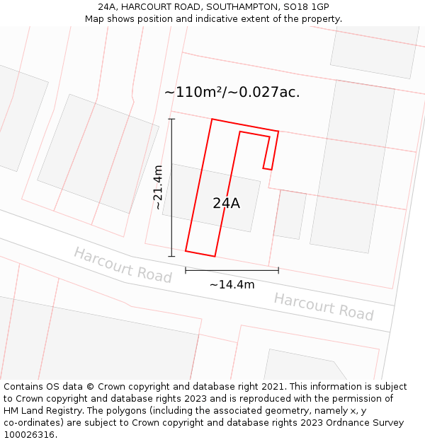 24A, HARCOURT ROAD, SOUTHAMPTON, SO18 1GP: Plot and title map