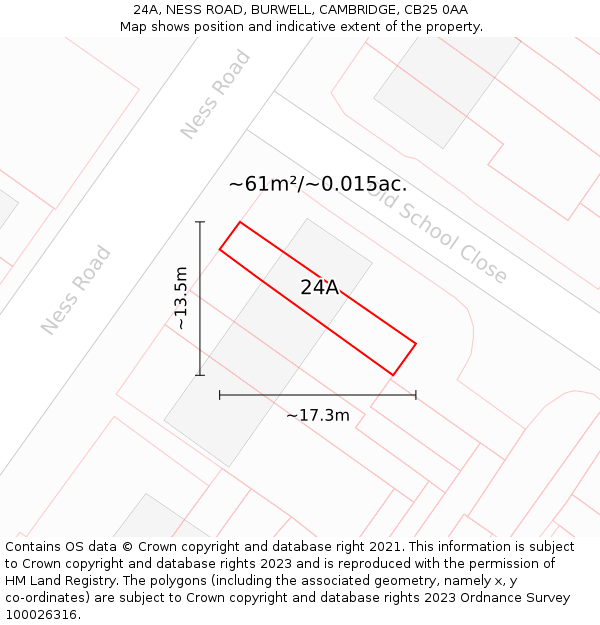 24A, NESS ROAD, BURWELL, CAMBRIDGE, CB25 0AA: Plot and title map