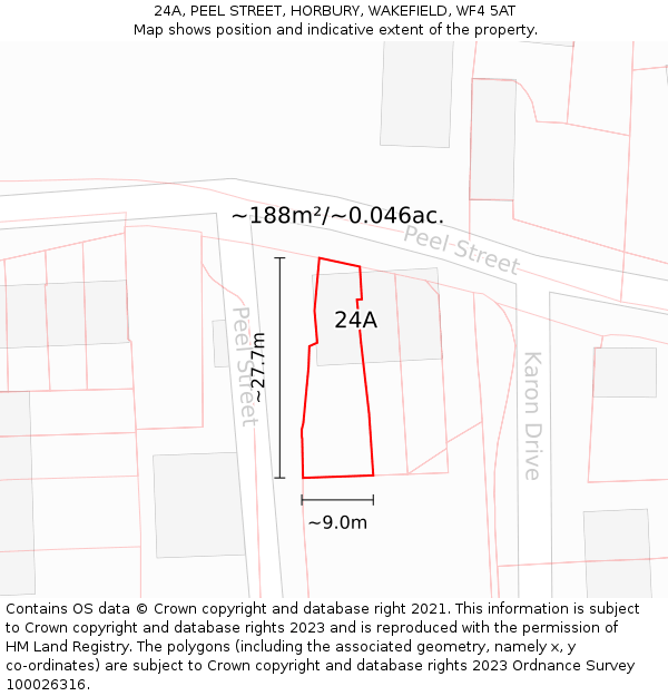 24A, PEEL STREET, HORBURY, WAKEFIELD, WF4 5AT: Plot and title map