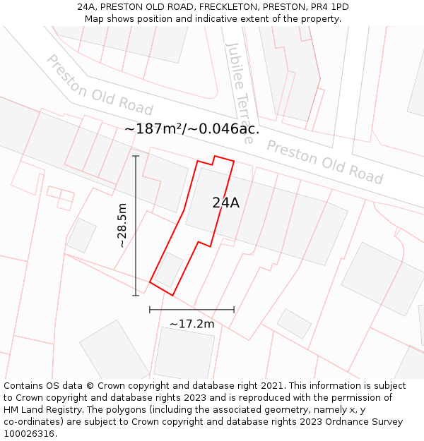 24A, PRESTON OLD ROAD, FRECKLETON, PRESTON, PR4 1PD: Plot and title map