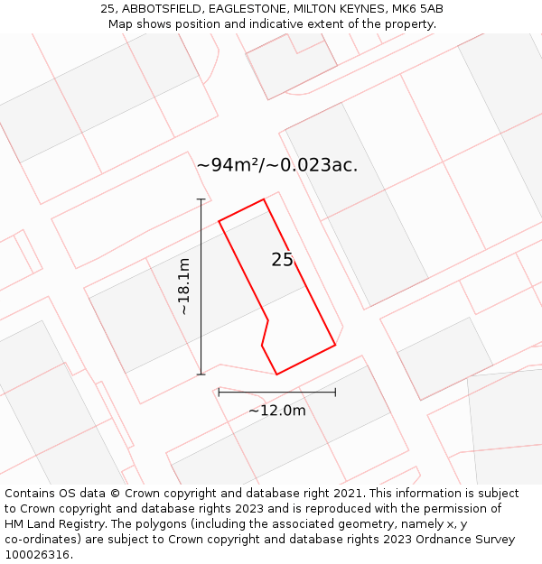 25, ABBOTSFIELD, EAGLESTONE, MILTON KEYNES, MK6 5AB: Plot and title map
