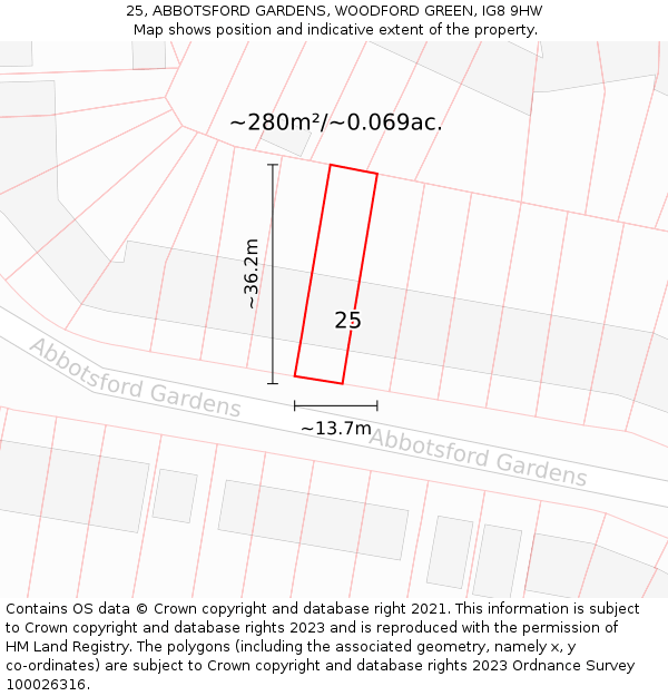 25, ABBOTSFORD GARDENS, WOODFORD GREEN, IG8 9HW: Plot and title map