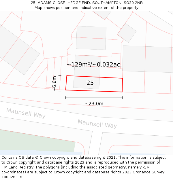 25, ADAMS CLOSE, HEDGE END, SOUTHAMPTON, SO30 2NB: Plot and title map