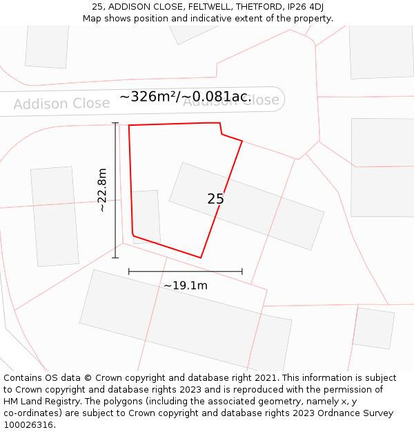 25, ADDISON CLOSE, FELTWELL, THETFORD, IP26 4DJ: Plot and title map