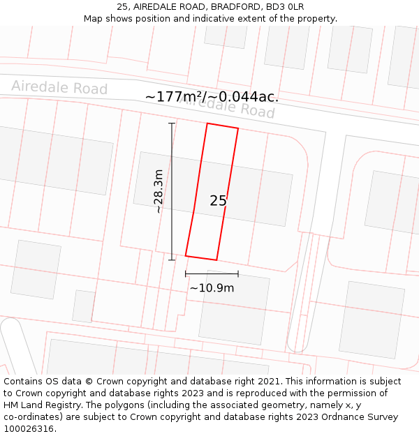 25, AIREDALE ROAD, BRADFORD, BD3 0LR: Plot and title map