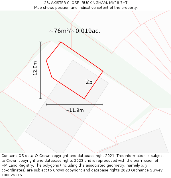 25, AKISTER CLOSE, BUCKINGHAM, MK18 7HT: Plot and title map