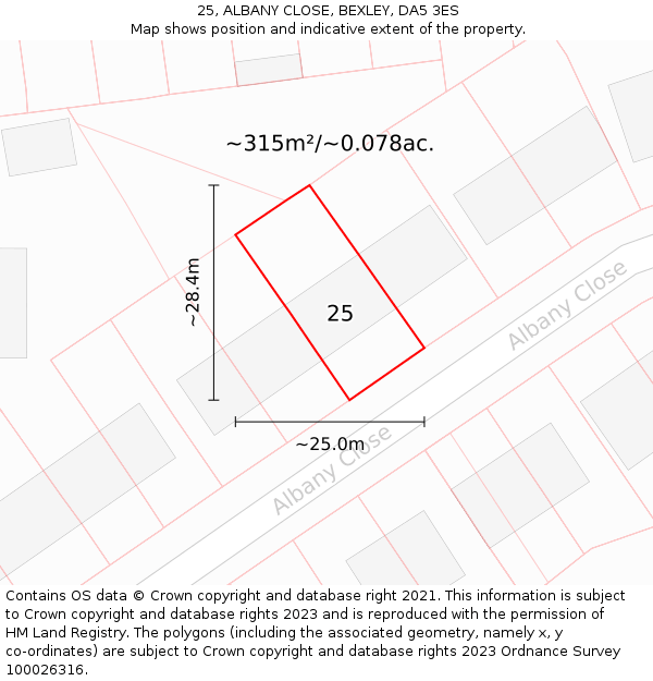 25, ALBANY CLOSE, BEXLEY, DA5 3ES: Plot and title map