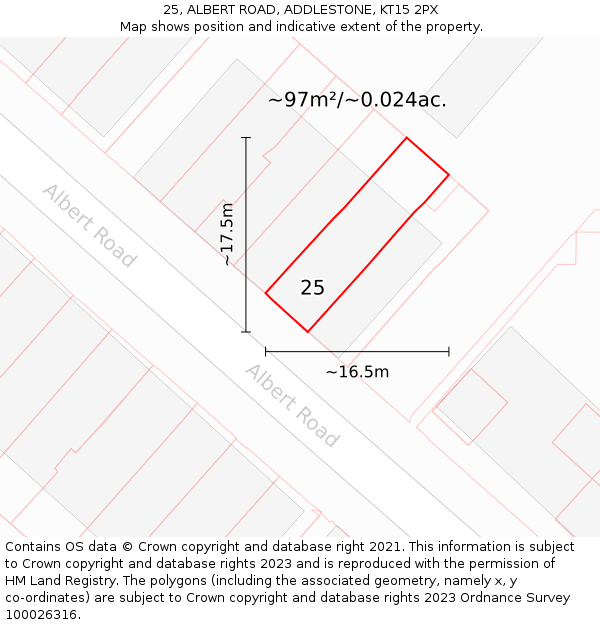 25, ALBERT ROAD, ADDLESTONE, KT15 2PX: Plot and title map