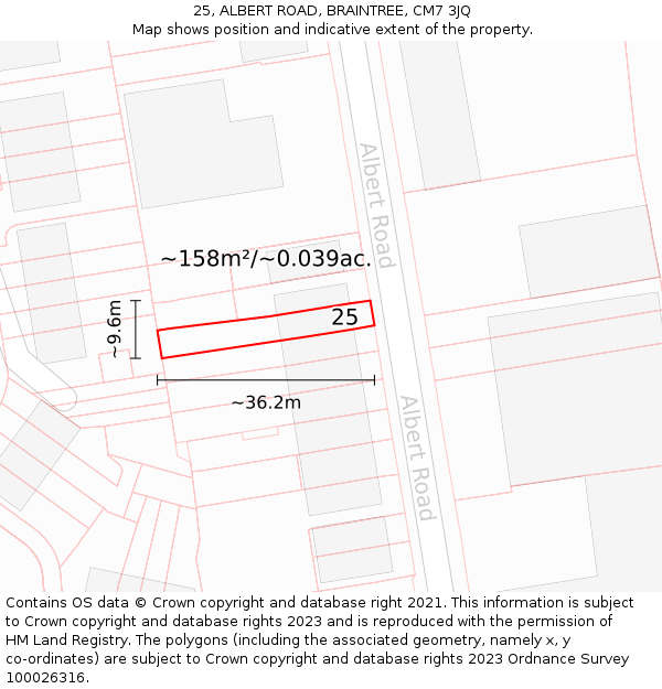 25, ALBERT ROAD, BRAINTREE, CM7 3JQ: Plot and title map