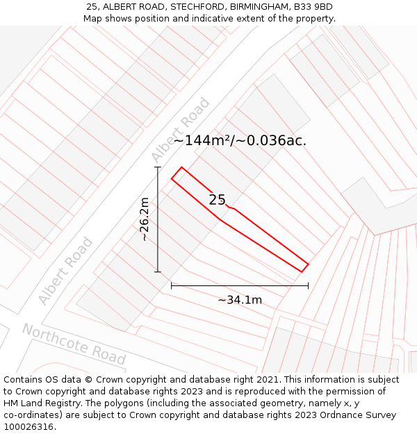 25, ALBERT ROAD, STECHFORD, BIRMINGHAM, B33 9BD: Plot and title map