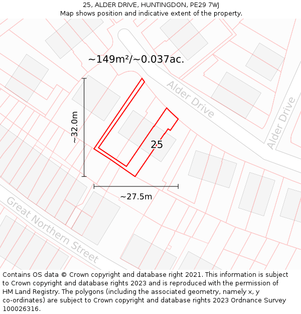 25, ALDER DRIVE, HUNTINGDON, PE29 7WJ: Plot and title map