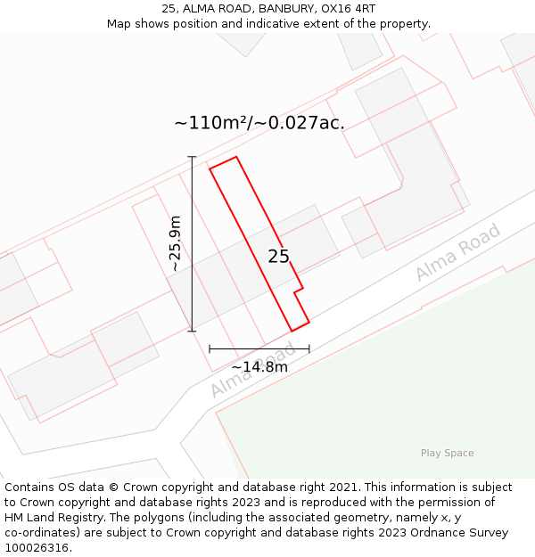 25, ALMA ROAD, BANBURY, OX16 4RT: Plot and title map