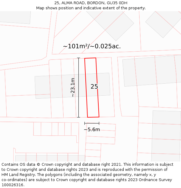 25, ALMA ROAD, BORDON, GU35 0DH: Plot and title map