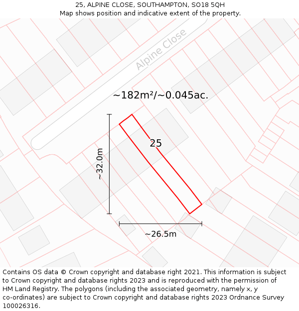 25, ALPINE CLOSE, SOUTHAMPTON, SO18 5QH: Plot and title map