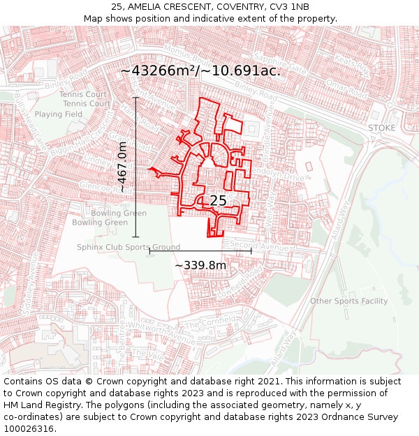 25, AMELIA CRESCENT, COVENTRY, CV3 1NB: Plot and title map