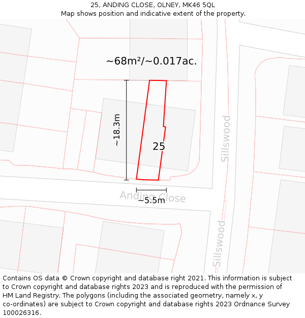 25, ANDING CLOSE, OLNEY, MK46 5QL: Plot and title map
