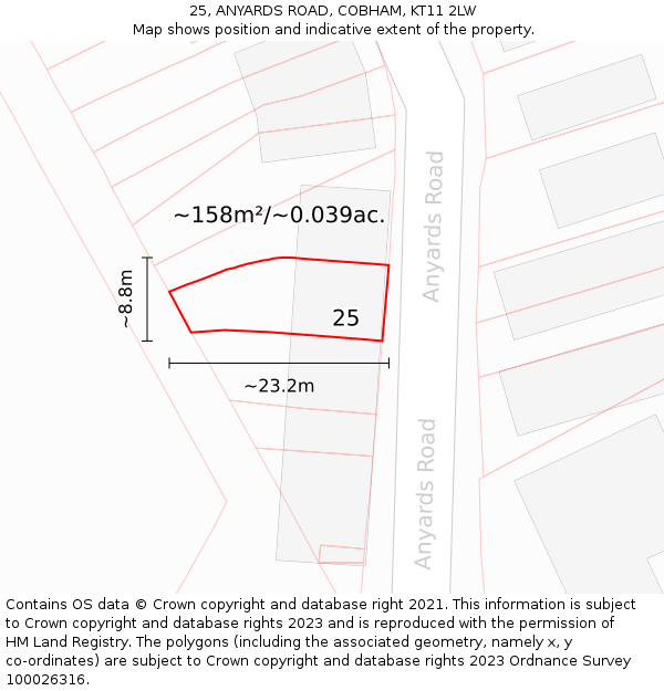 25, ANYARDS ROAD, COBHAM, KT11 2LW: Plot and title map