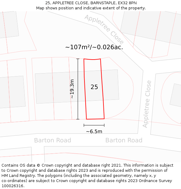 25, APPLETREE CLOSE, BARNSTAPLE, EX32 8PN: Plot and title map