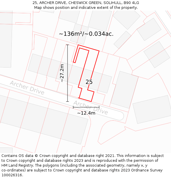 25, ARCHER DRIVE, CHESWICK GREEN, SOLIHULL, B90 4LG: Plot and title map