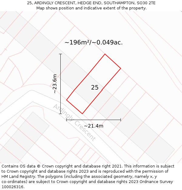 25, ARDINGLY CRESCENT, HEDGE END, SOUTHAMPTON, SO30 2TE: Plot and title map