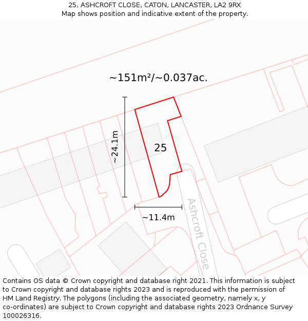 25, ASHCROFT CLOSE, CATON, LANCASTER, LA2 9RX: Plot and title map