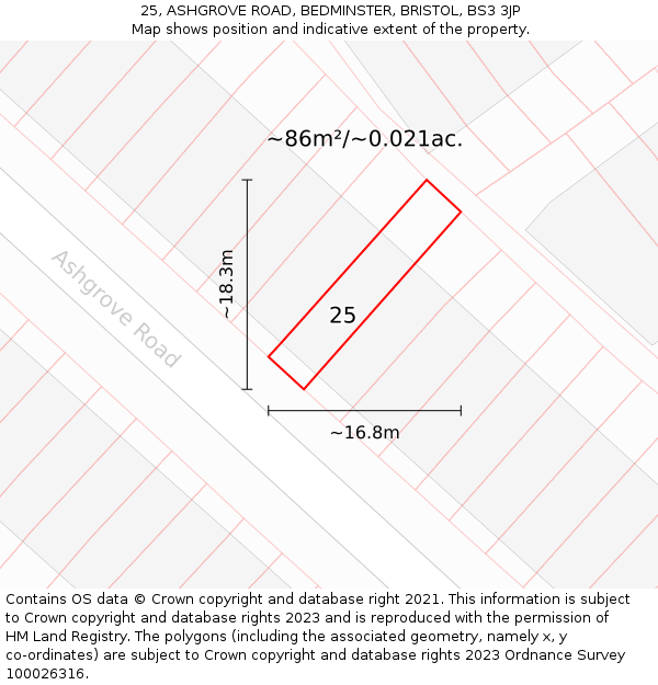 25, ASHGROVE ROAD, BEDMINSTER, BRISTOL, BS3 3JP: Plot and title map